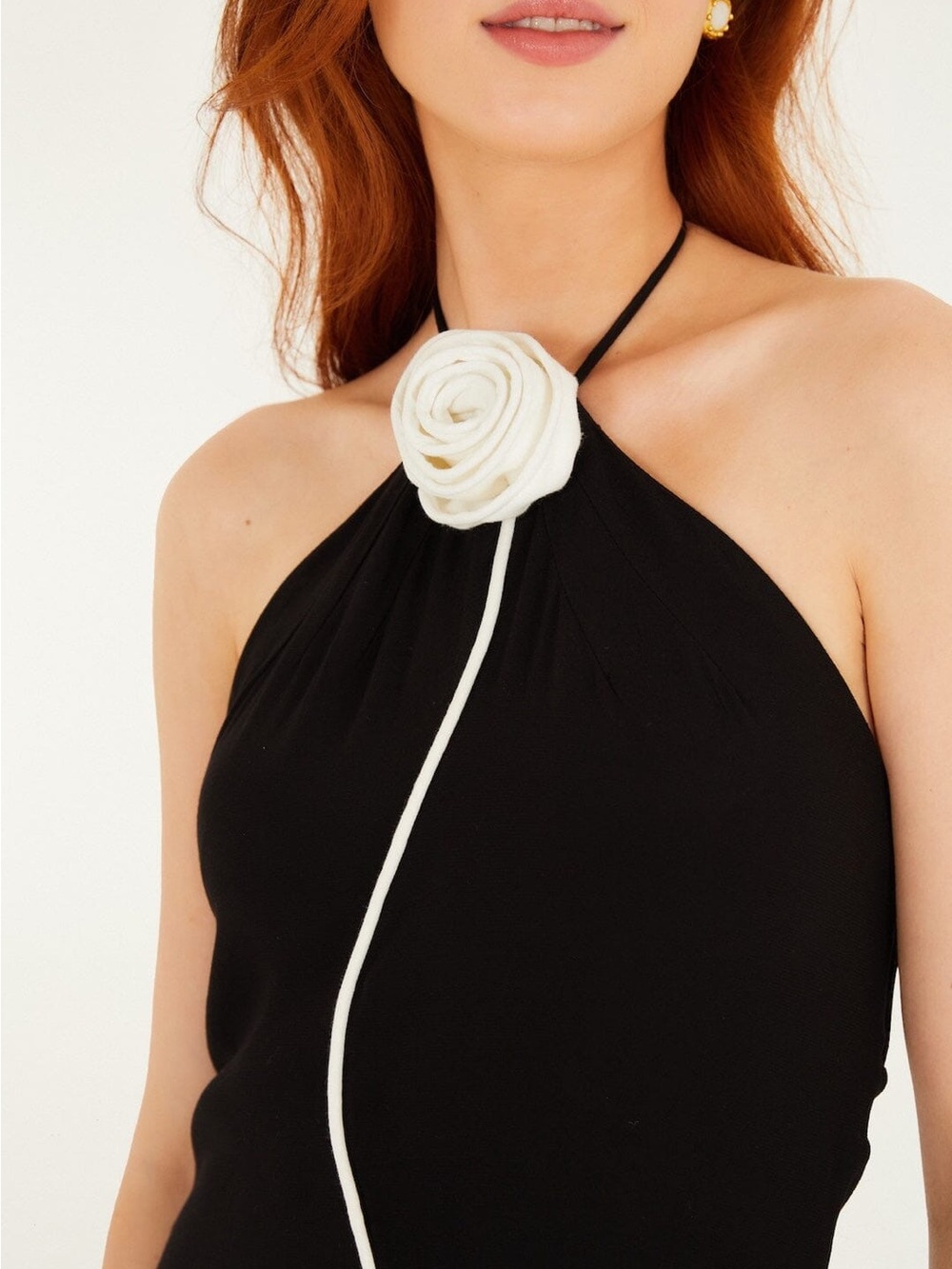 Black Halter Mini Dress with White Floral Accent - Picture 3 of 5